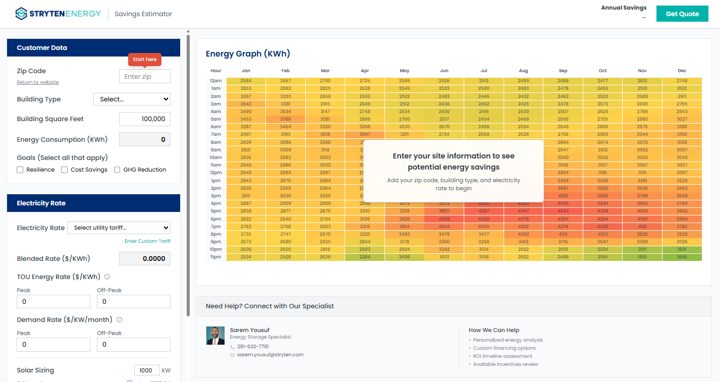 Screenshot of the Solar + Storage Savings Calculator