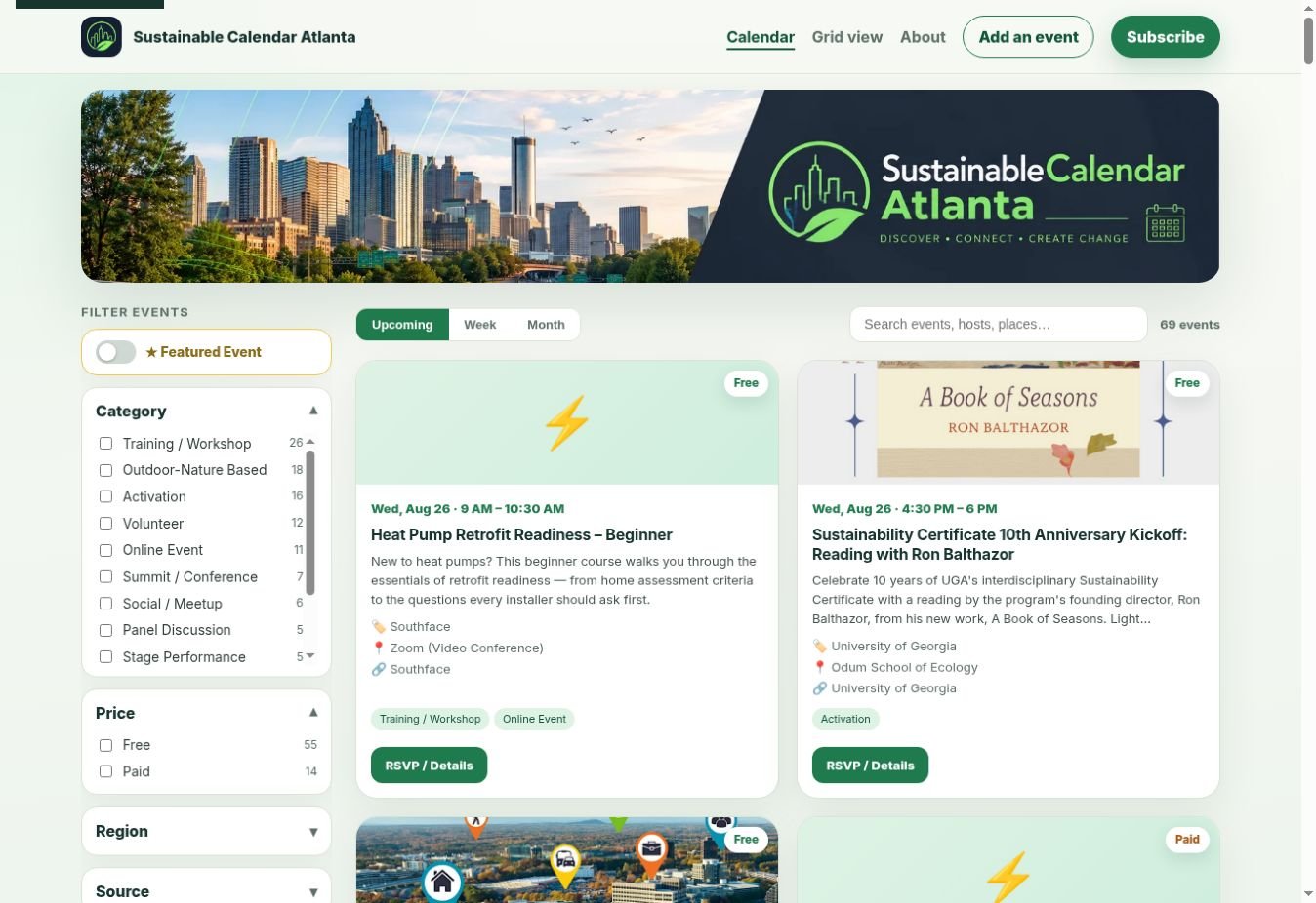 Branded Sustainable Calendar Atlanta site showing event filters, search, and local sustainability event listings