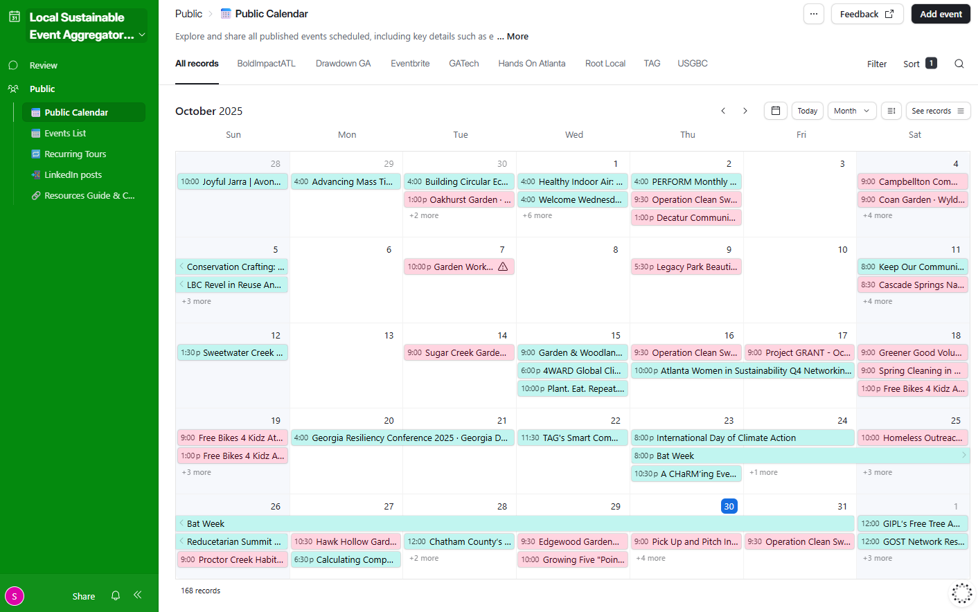 Screenshot of the Sustainable Events Calendar